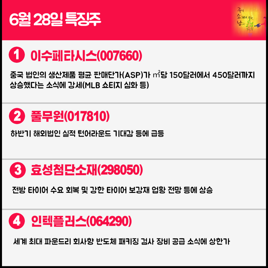 6월 28일 오늘의 특징주
