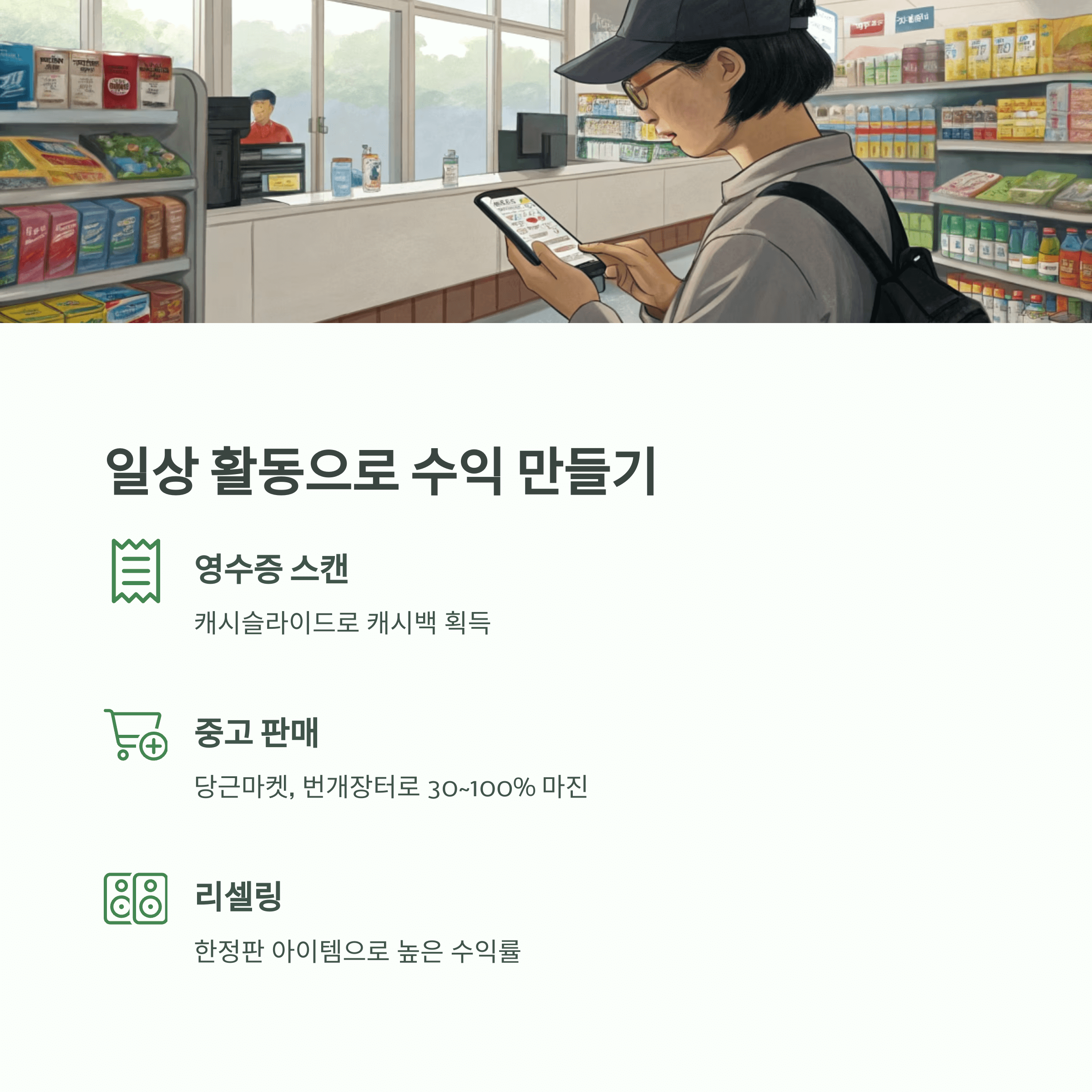 영수증 리뷰 및 중고판매로 수익을 내는 글과 이미지