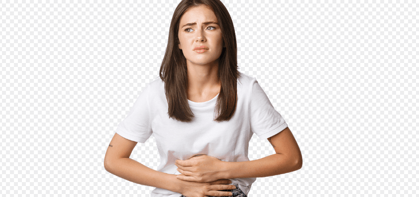 생리통의 고통을 아랫배를 두손으로 감싸고 있다