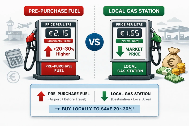 공항 사전 구매 주유와 현지 주유소의 리터당 가격을 비교한 인포그래픽으로, 공항 쪽은 더 비싸고 현지 주유소는 시장 가격으로 더 저렴하다는 점을 보여주는 이미지