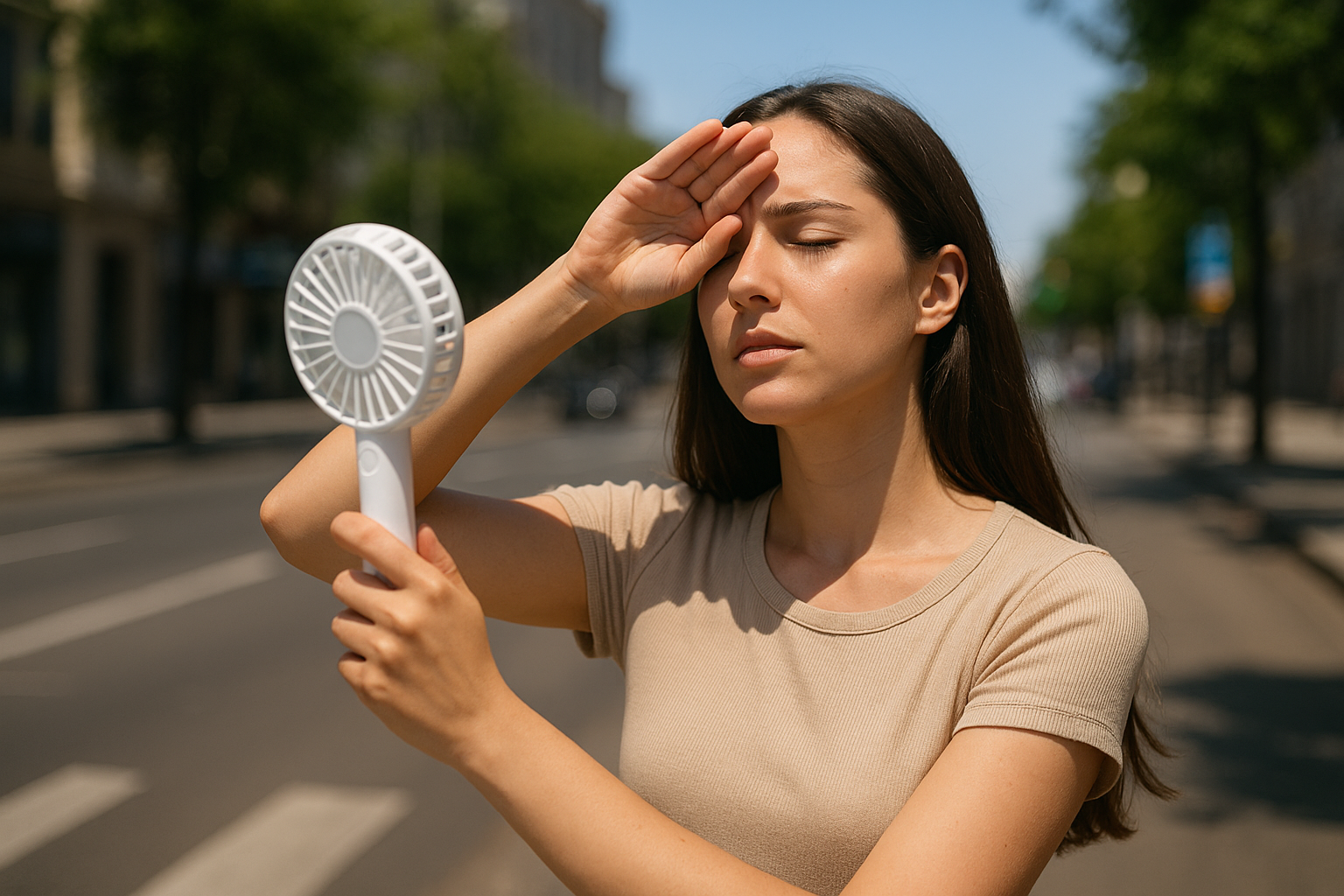 여름 도심에서 휴대용 선풍기를 사용하며 더위를 식히는 여성