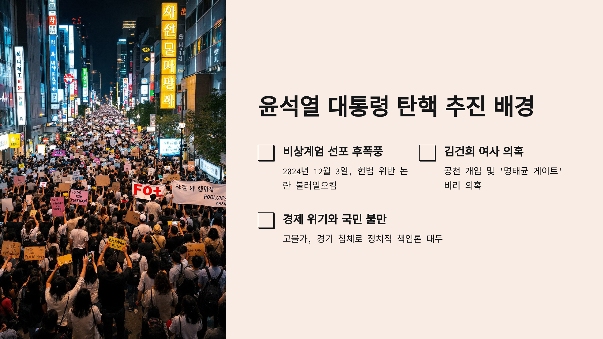 서울 도심 한복판에서 진행 중인 시민 시위. 수많은 인파가 피켓을 들고 거리를 가득 메우고 있는 모습
