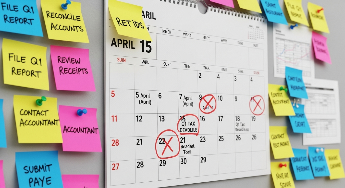 세금 신고 날짜가 표시된 달력과 메모가 붙어 있는 사무실 벽