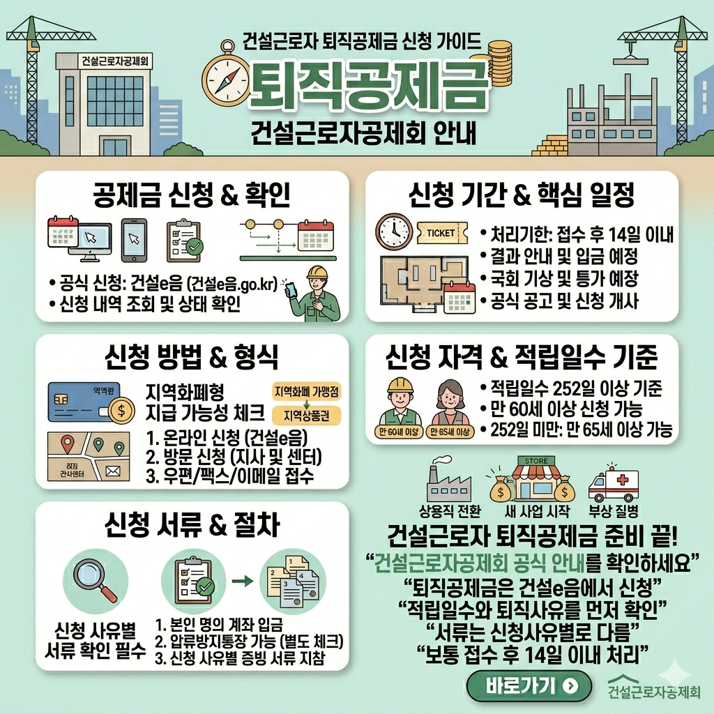 건설근로자 퇴직공제금 신청방법 온라인&middot;방문&middot;우편 접수, 자격조건, 서류 인포그래픽