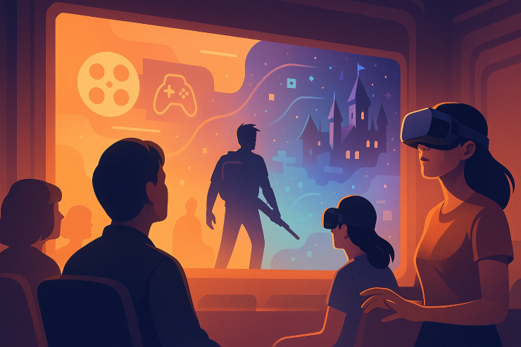 미래 콘텐츠 체험 중인 사람들 - 게임과 영화 융합 체험