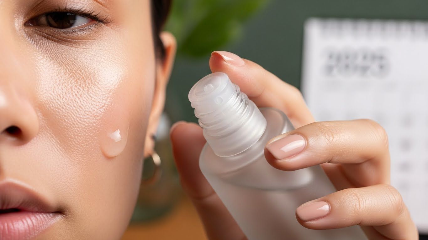 미니멀리스트 병에서 추출한 반투명하고 약간 점성이 있는 토너를 건강하고 빛나는 피부에 부드럽게 바르는 손입니다.