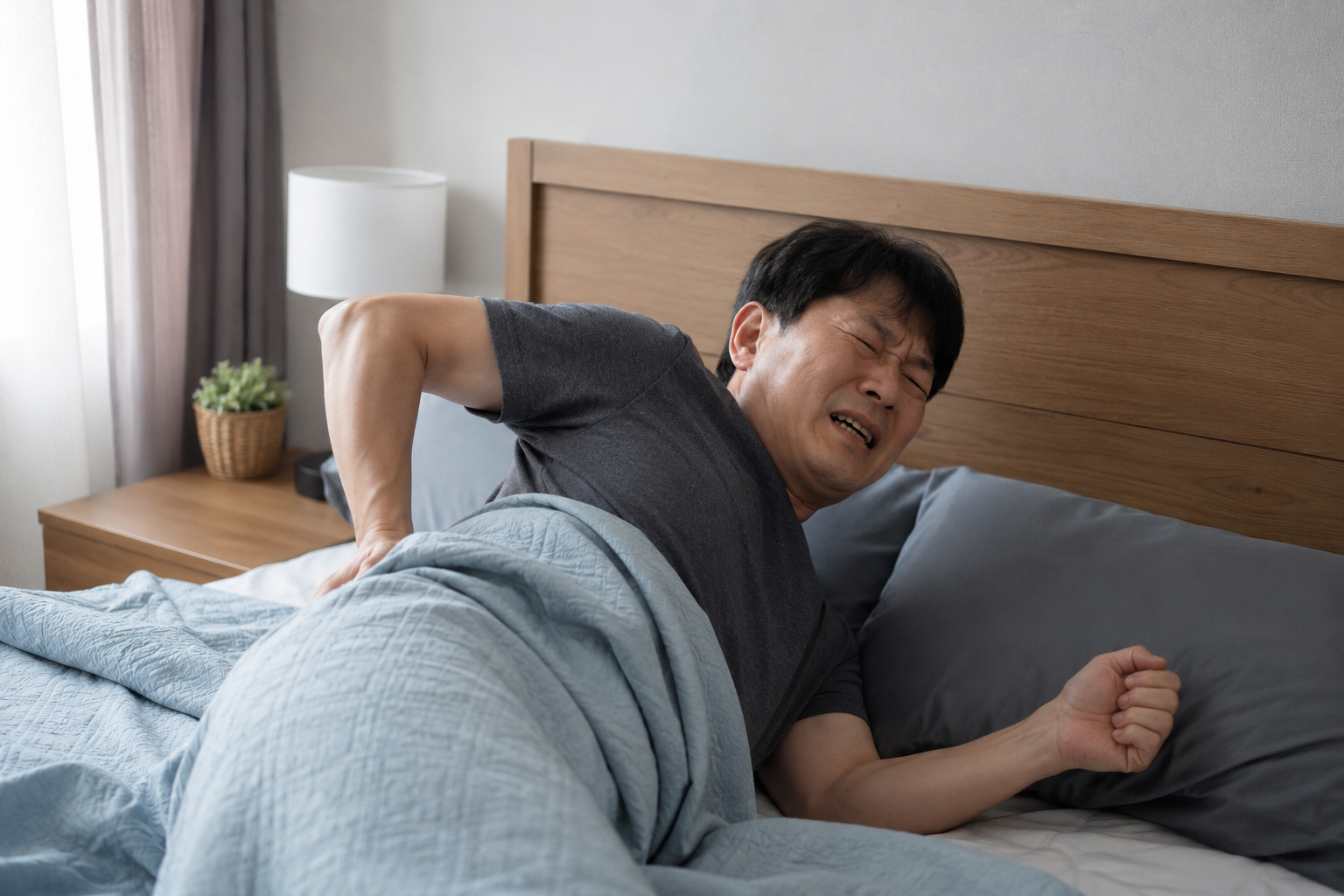 급성 요통으로 침대에서 일어나지 못하는 상황을 표현한 사
