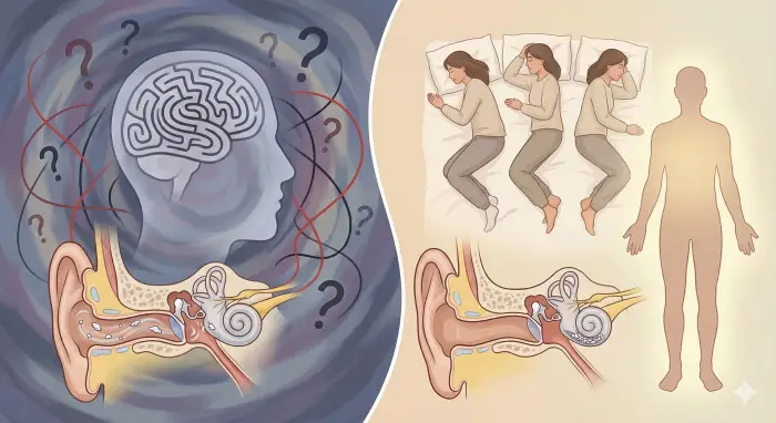 이미지는 두 부분으로 나뉘어 있습니다. 왼쪽의 어둡고 소용돌이치는 푸른색 영역에는 뇌 속의 미로, 귀 안을 떠다니는 이석 조각들, 엉킨 선과 물음표가 그려져 다양한 어지럼증 원인을 혼란스럽게 표현합니다. 반면, 오른쪽의 밝고 따뜻한 베이지색 영역에는 한 사람이 침대에서 고개를 돌리는 자가 치료 자세를 취하고 있고, 그 옆에 균형 잡힌 귀 내부 모습과 안정된 사람의 실루엣이 그려져 있어 치료 후의 평온한 상태를 나타내는 대비적인 일러스트레이션입니다.