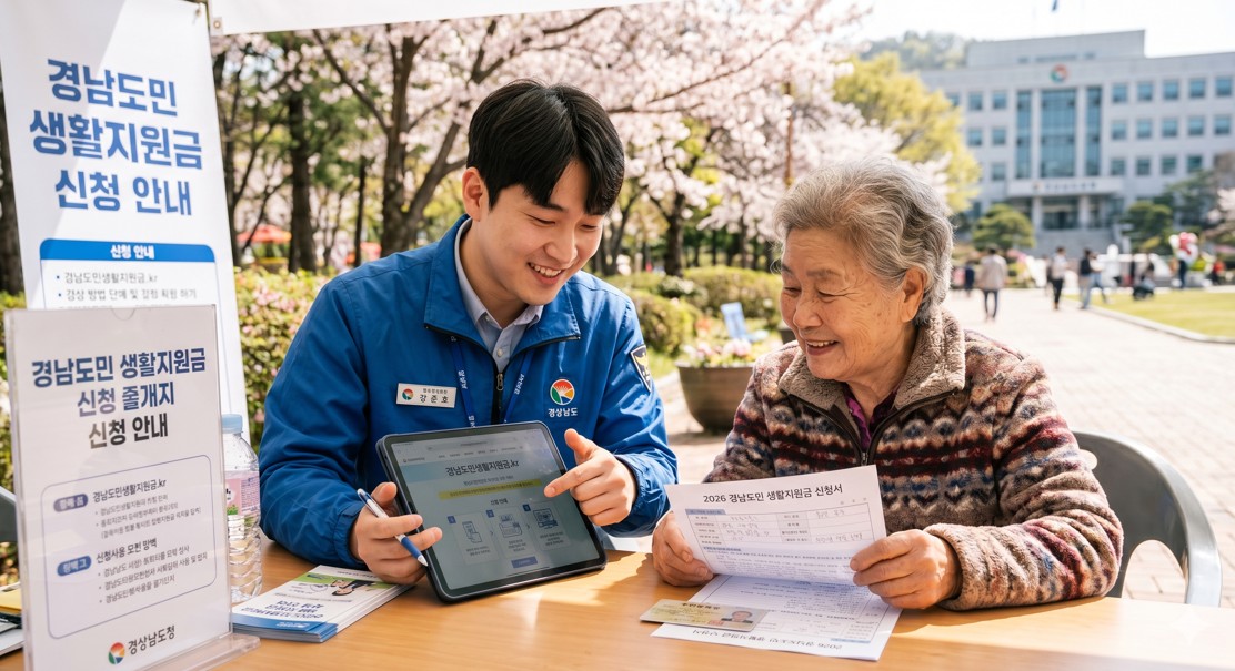 따뜻한 햇살 아래 노인에게 신청 방법을 설명해주는 공무원의 친절한 모습