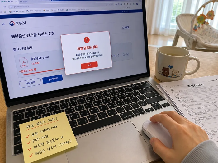 행복출산 원스톱 서비스 신청 중 파일 용량 초과로 업로드 오류가 발생한 모습