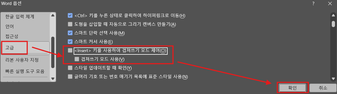 워드(Word)-겹쳐쓰기문제-해제설정