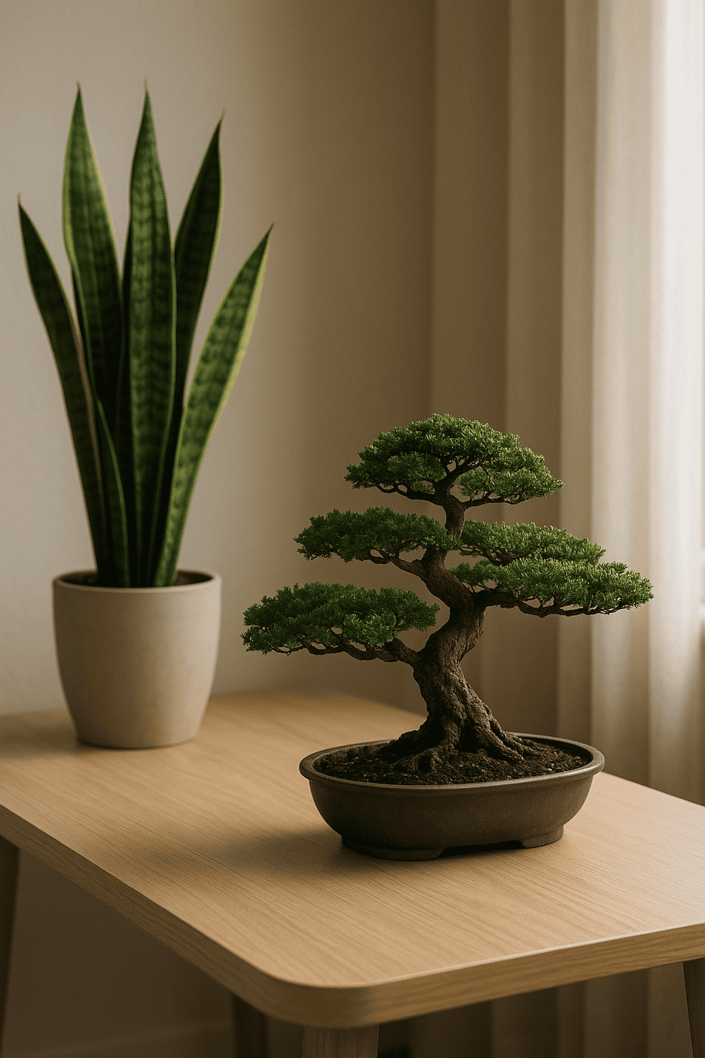 실내 나무 테이블 위 분재와 산세베리아