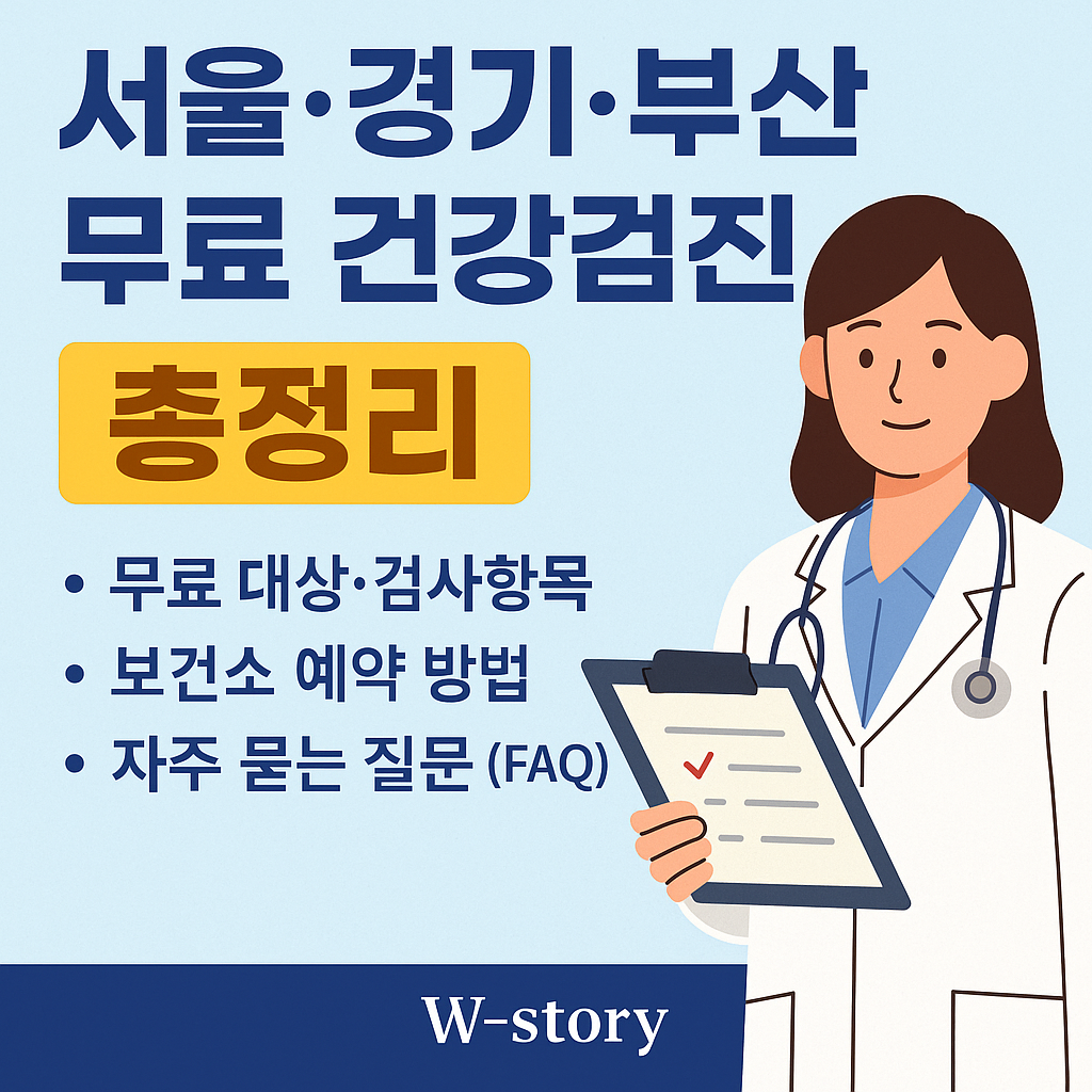 서울 경기 부산 지역의 무료 건강검진 대상자와 예약 방법을 안내하는 여성 의사 일러스트와 핵심 정보가 포함된 인포그래픽 이미지