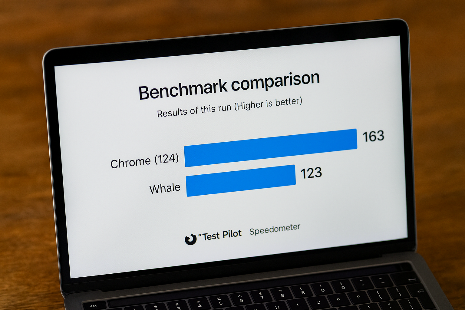 크롬과 웨일 브라우저의 속도 비교 결과를 보여주는 실사 이미지