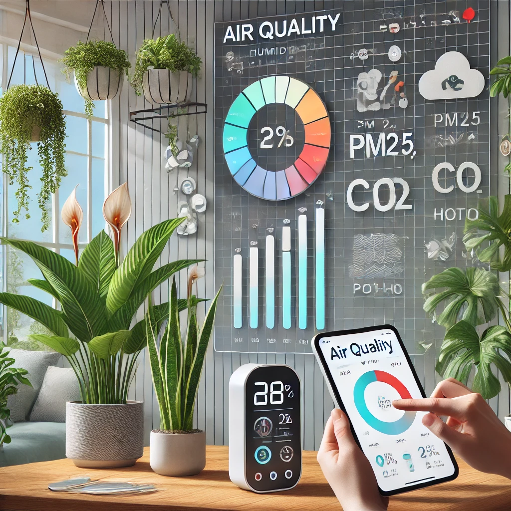 공기 질 모니터와 데이터를 분석하는 장면, 식물이 공기 질을 개선하는 과정