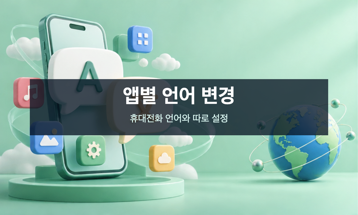 스마트폰 주위에 여러 앱 말풍선과 지구본이 배치된 Android 앱별 언어 설정 안내 삽화