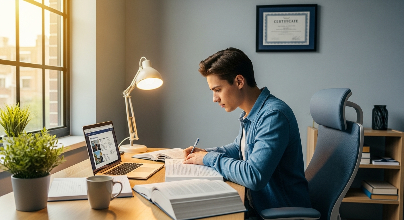 미래 커리어를 위해 자격증 공부에 몰두하며 꾸준히 학습하는 개인의 모습, 성장과 발전을 상징