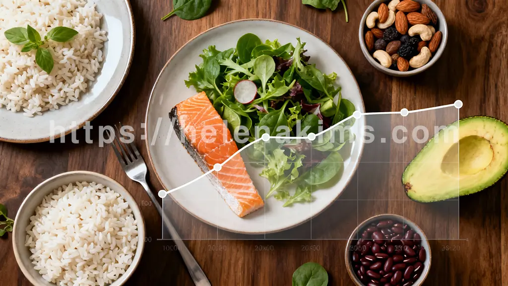 나무 테이블 위에 현미밥, 구운 연어, 신선한 녹색 채소 샐러드, 견과류, 아보카도 등이 정갈하게 플레이팅된 건강한 식단. 접시 위로 혈당 수치가 완만하게 상승했다가 안정되는 그래프가 투명하게 오버레이되어 시각적인 메시지를 전달 하는 이미지.
