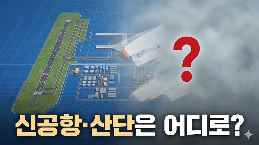 계획이 불투명해진 새만금 신공항과 산업단지 조감도 위에 물음표가 있는 그래픽