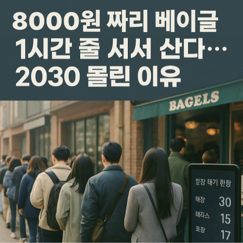 서울 강남의 유명 베이글 매장 앞에서 줄 서 있는 사람들, 8000원 베이글을 사기 위해 기다리는 2030세대를 표현한 뉴스형 썸네일 이미지
