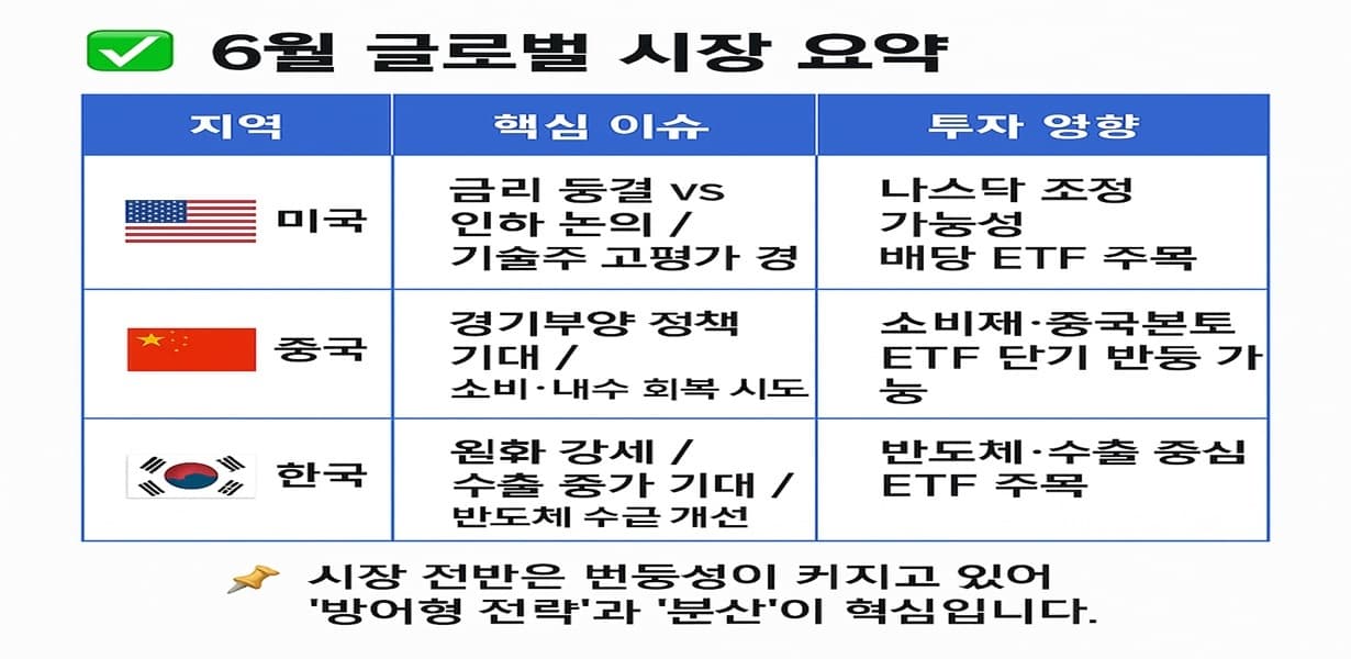 미국, 중국, 한국의 6월 주요 시장 이슈와 투자 영향이 깔끔한 표 형식으로 정리된 인포그래픽으로, 각 국가의 국기와 함께 핵심 키워드와 ETF 전략이 요약되어 있음.