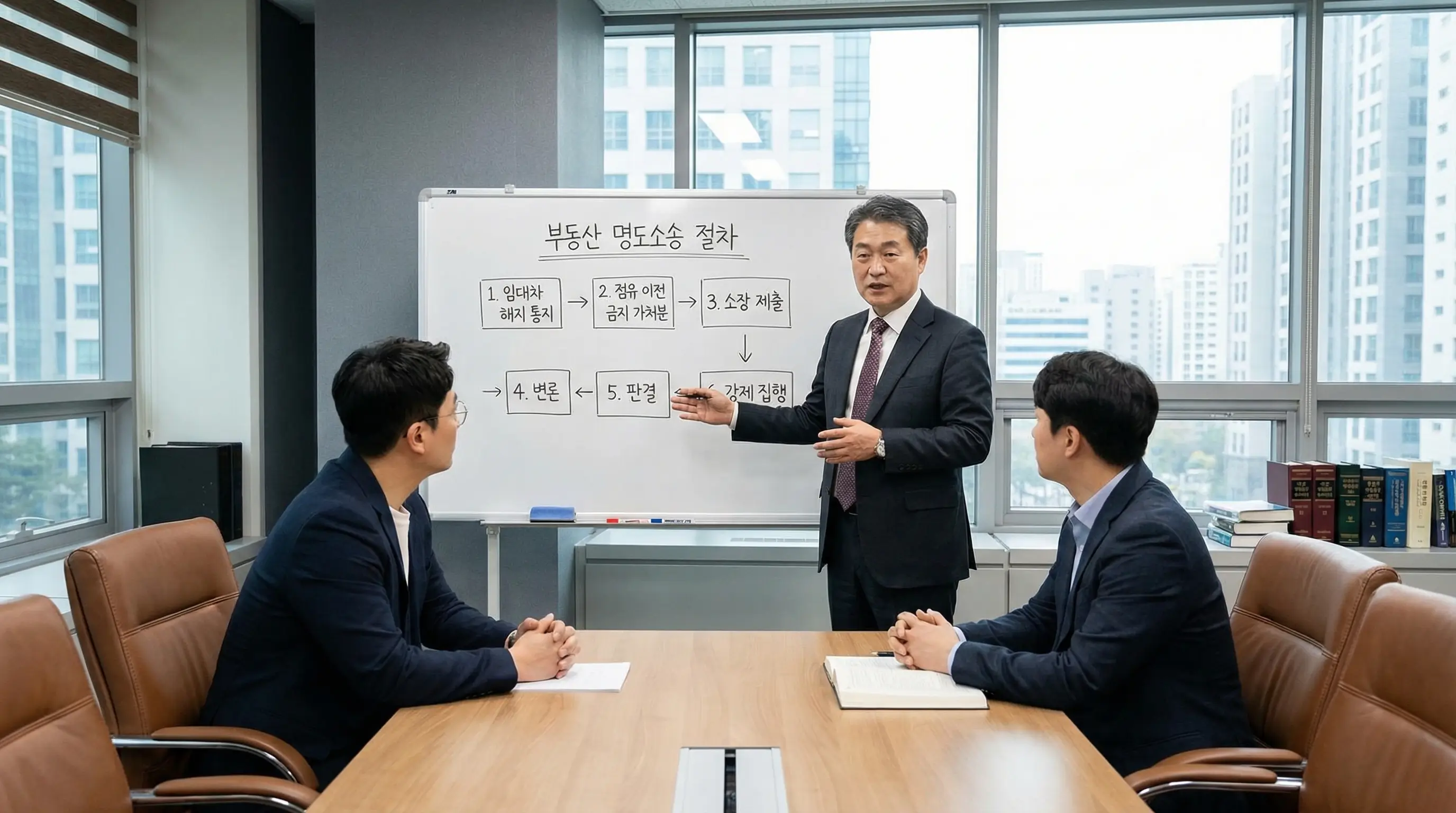 법률사무소 회의실에서 부동산 전문 변호사가 고객에게 명도소송 절차를 화이트보드로 설명하는 전문적인 상담 장면