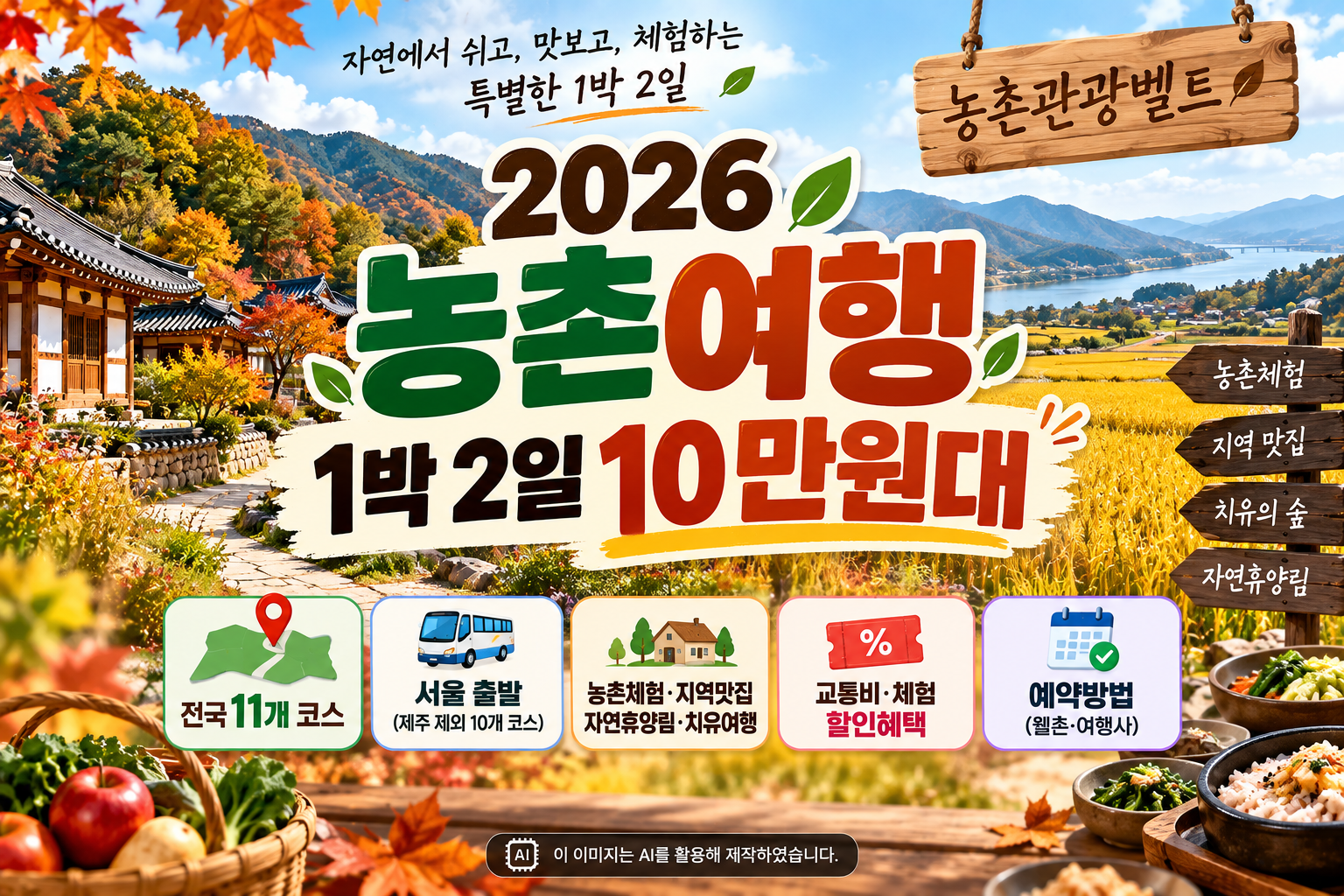 2026년 농촌관광벨트 1박 2일 농촌여행 10만 원대 상품 안내, 전국 11개 여행 코스와 농촌체험, 지역 맛집, 교통비 할인혜택 및 예약방법을 소개하는 이미지