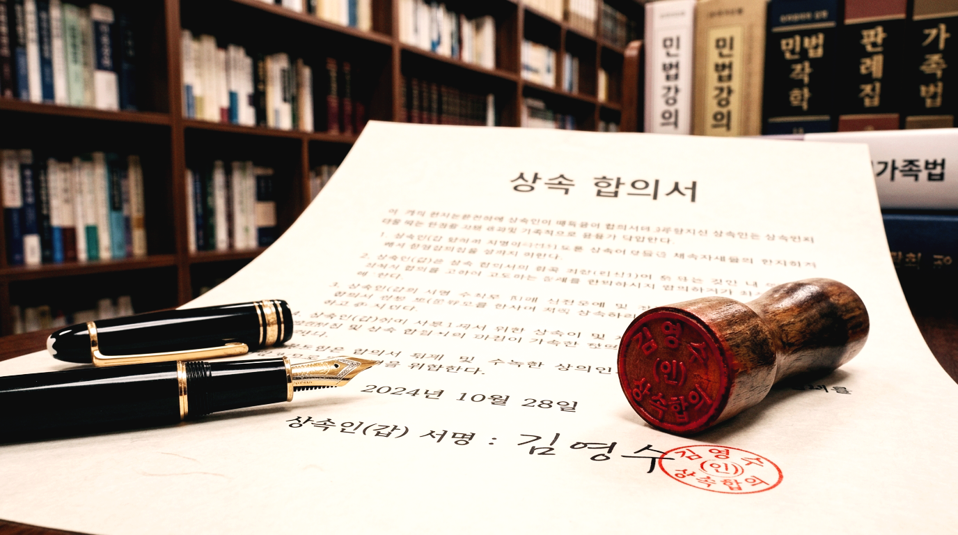 상속재산 분할 협의서 서류 위에 놓인 인감도장과 만년필의 모습
