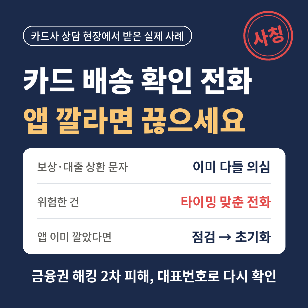 카드 배송 확인 전화 보이스피싱 사례 - 보상·대출 상환 문자보다 재발급 시기에 맞춘 사칭 전화가 위험, 앱 설치 요구하면 끊고 대표번호로 확인, 이미 설치했다면 점검 후 초기화