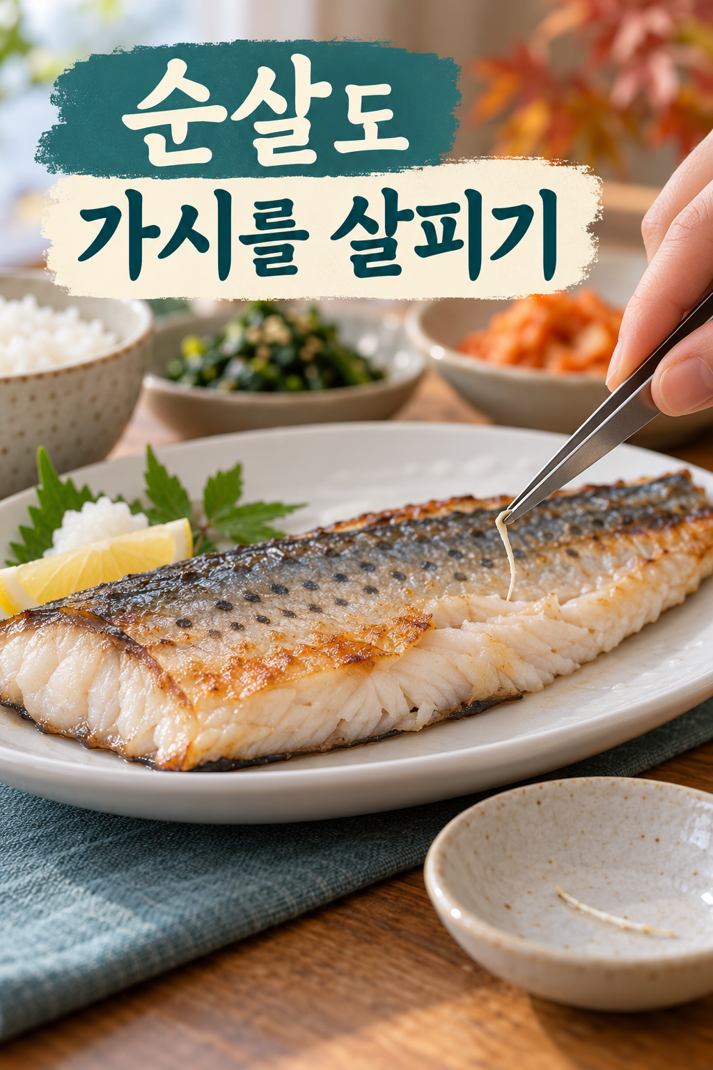 익힌 삼치 살에서 잔가시를 집게로 골라내는 모습.