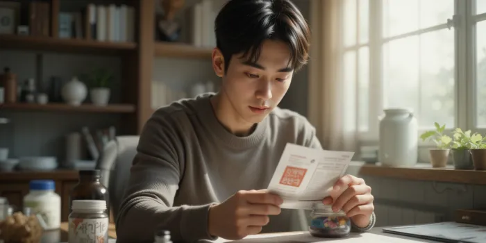 비타민B 영양제를 물과 함께 복용하는 남성