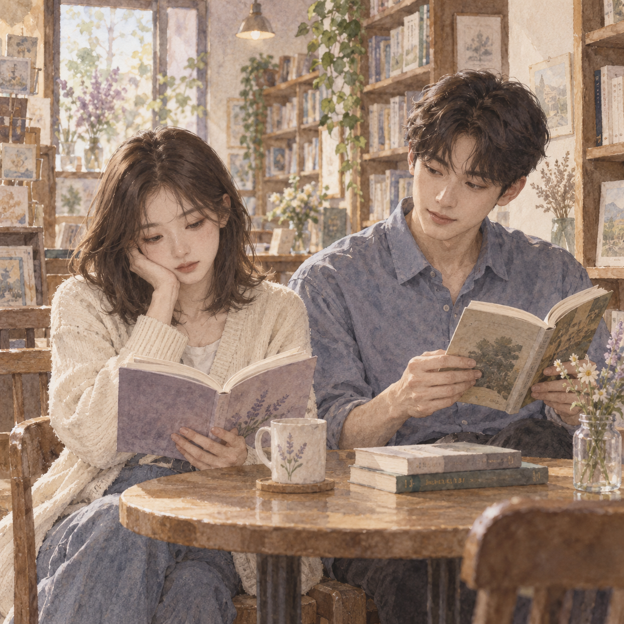 조용한 서점에서 나란히 앉아 각자의 책을 읽는 하린과 민준