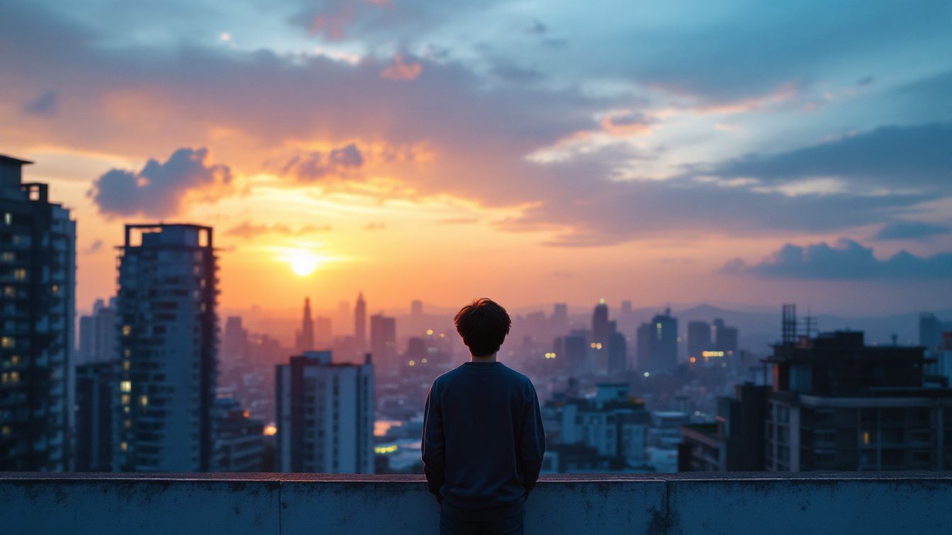 A hopeful young adult in Seoul sitting on a rooftop with sunset, symbolizing youth rent support in South Korea.