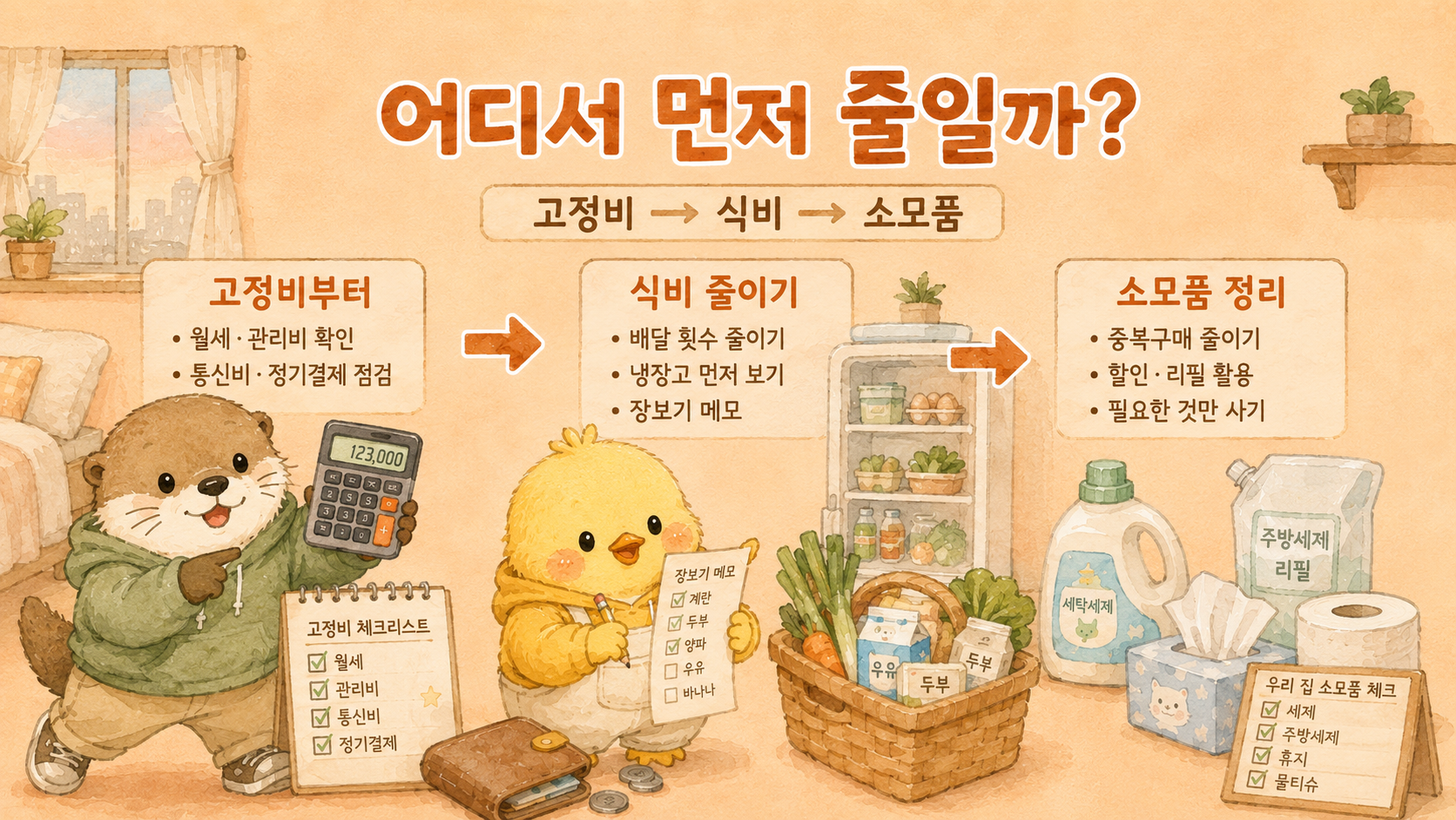 고정비 식비 소모품 순서로 자취비를 줄이는 방법을 정리한 인포그래픽