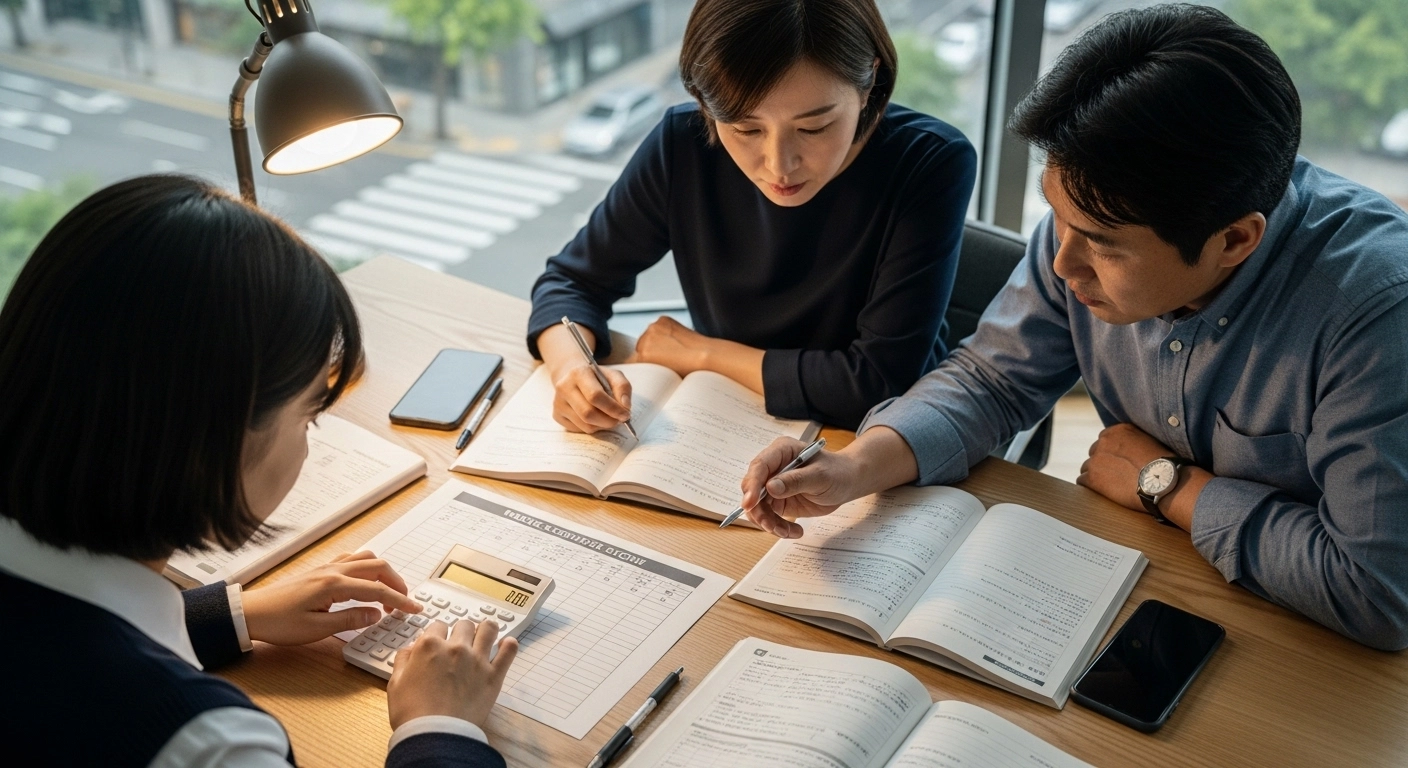 고등학생이 부모와 수능 모의고사 성적표를 보며 분석하고 있는 장면