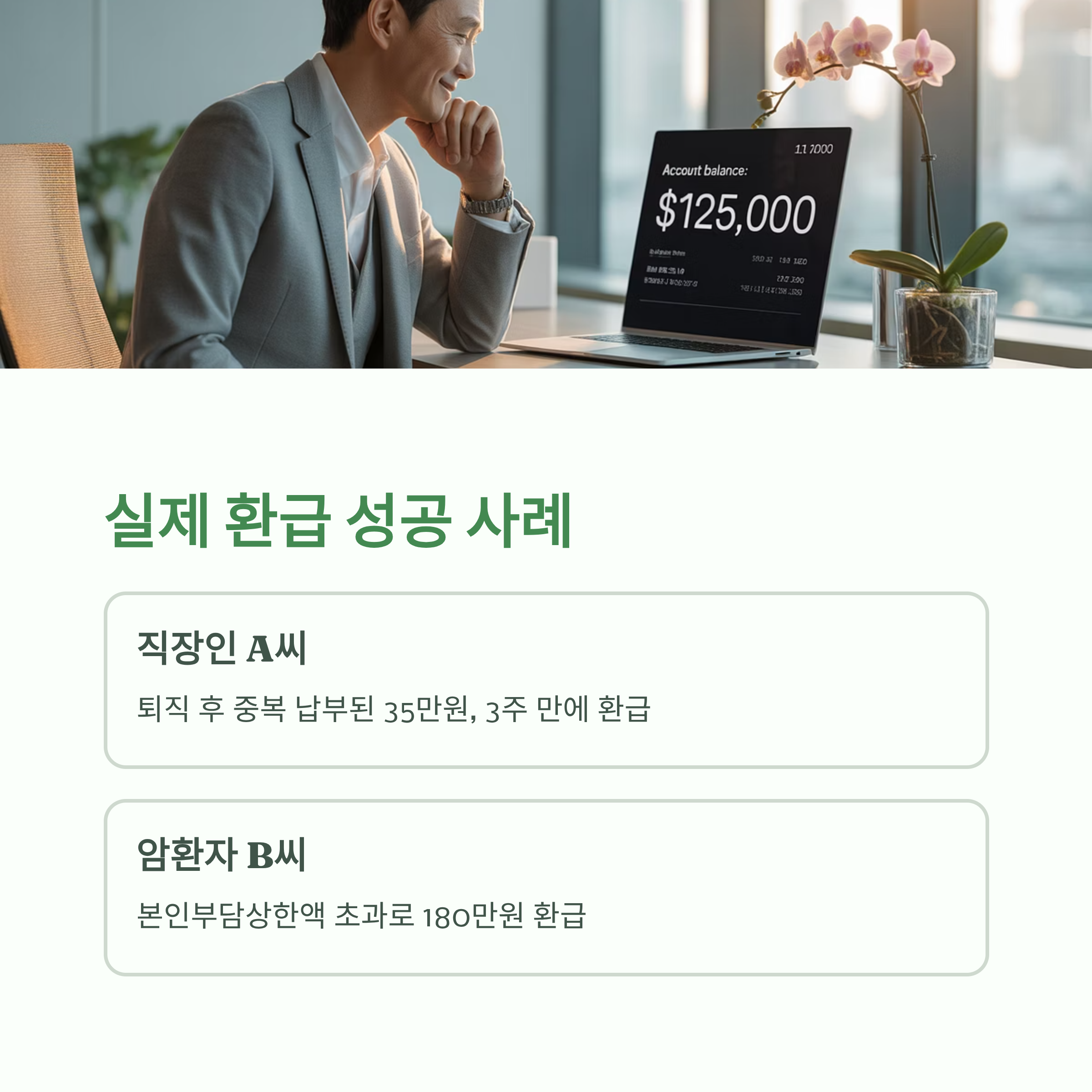 실제 환급 성공 사례를 소개하는 인포그래픽으로, 직장인 A씨와 암환자 B씨의 환급 경험을 설명하는 이미지