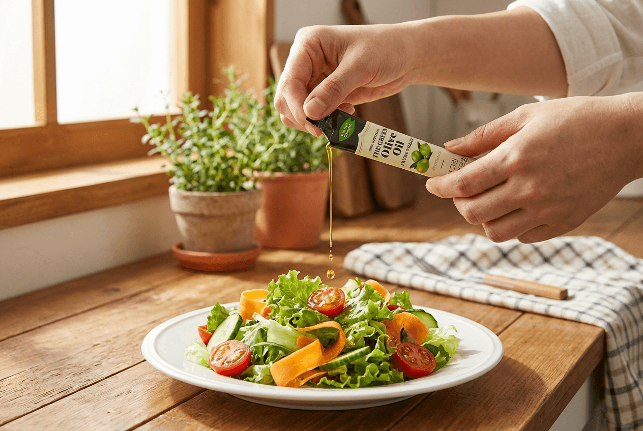 흰 접시 위 신선한 채소 샐러드에 올리브오일 스틱을 뜯어 뿌리는 장면, 주방 자연광 배경