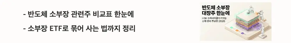 반도체 소부장 대장주: '반도체 소부장 관련주 비교표 한눈에', '소부장 ETF로 묶어 사는 법까지 정리'라는 문구가 포함된 웹배너 이미지. 이 이미지는 반도체 소부장 핵심 종목 비교와 ETF 투자 방법을 시각적으로 전달하며, 블로그의 반도체 소부장 관련주 총정리와 관련된 내용을 설명함