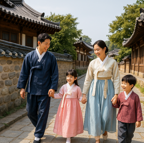 한옥 마을에서 한복 입고 체험하고 있는 가족 모습