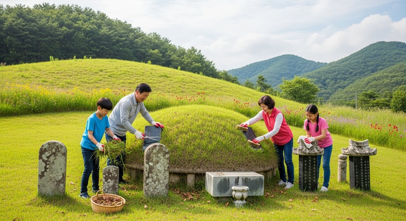 가족이 함께 무덤 잔디를 다듬고 풀을 제거하는 모습