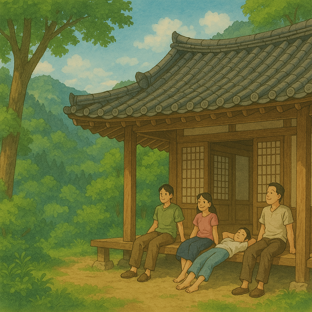 산속의 한옥에서 쉬는 모습