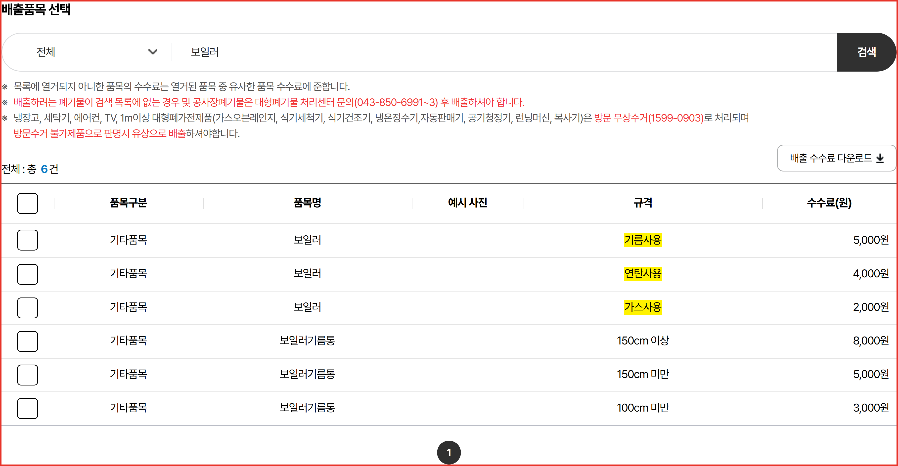 충주시 대형생활폐기물 배출 수수료 안내에서 보일러를 검색한 화면 - 기름사용 5,000원·연탄사용 4,000원·가스사용 2,000원과 보일러기름통 세 구간이 규격별로 나뉜 요금표