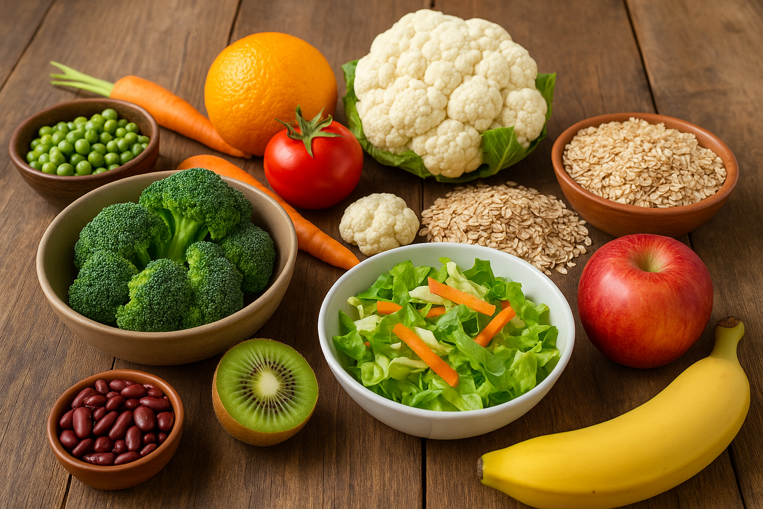 하루 식이섬유 섭취를 위한 다양한 과일, 채소, 통곡물, 콩류가 담긴 식탁 모습