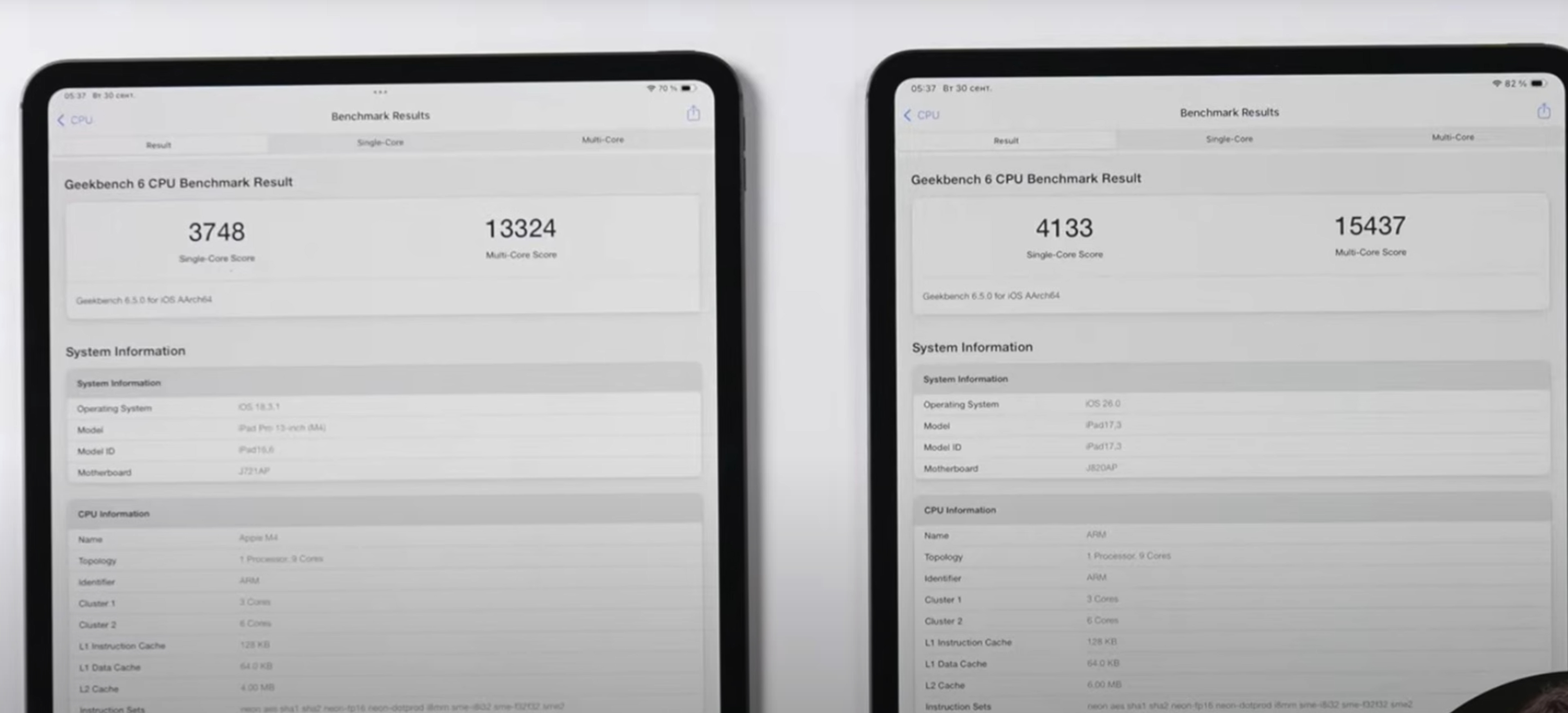 M5 iPad Pro 벤치마크 점수 비교 (Youtube 영상 캡쳐)