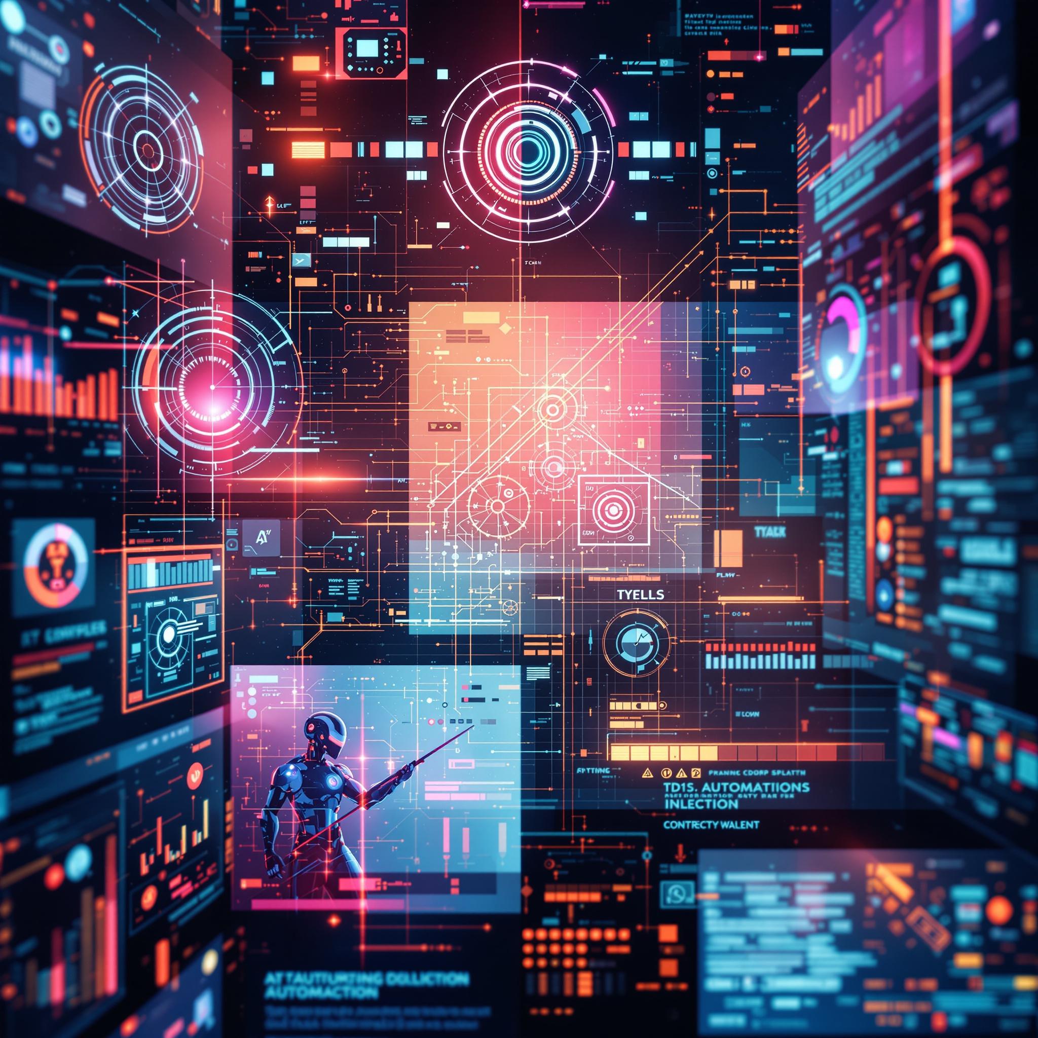 &quot;Futuristic UI dashboard showing multiple AI automation tools, OpenAI, LangChain, Google Bard, Meta AutoGen logos, tech interface style&quot;