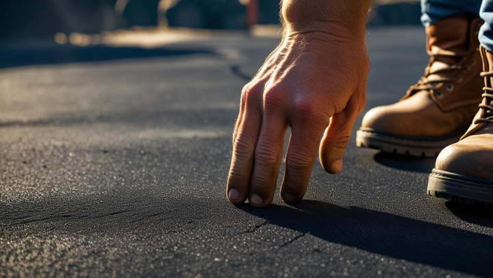 사람 손이 아스팔트 바닥 온도를 확인하는 모습 클로즈업