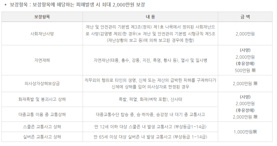 서울시민안전보험 보장항목