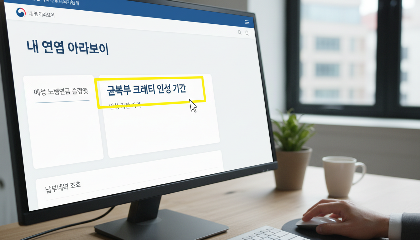 국민연금공단 웹사이트에서 군복무 크레딧 인정 기간을 조회하는 화면. 대부분 자동 적용되지만, 확인 절차를 거치는 모습을 나타냅니다.