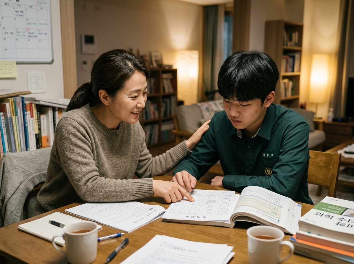 자녀의 학습 방향에 대해 상담하는 부모와 학생