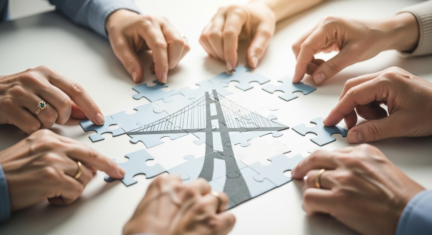 다양한 사람들이 모여 퍼즐 조각을 맞춰나가는 모습으로, 효도수당 제도 개선을 위한 사회적 논의와 협력을 상징합니다.